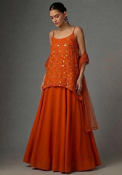 Rust Orange Sequin Georgette Fusion Set