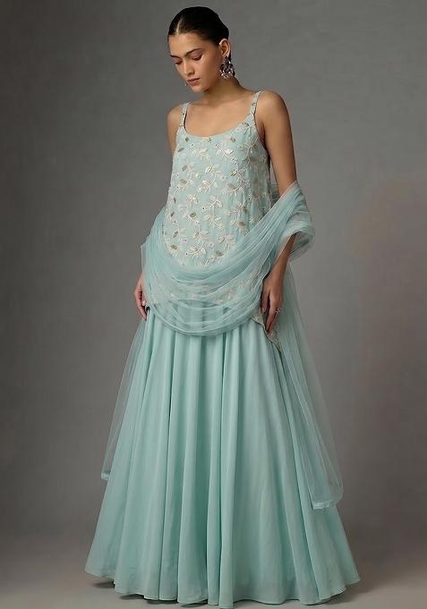 Mint Blue Sequin Georgette Fusion Set
