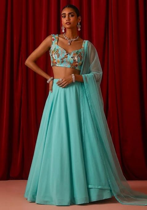 Mint Blue Printed Crepe Lehenga Set