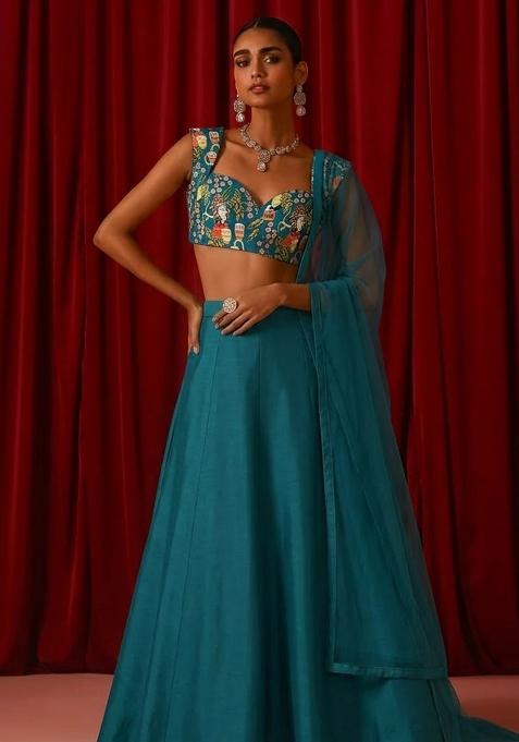 Deep Teal Printed Crepe Lehenga Set
