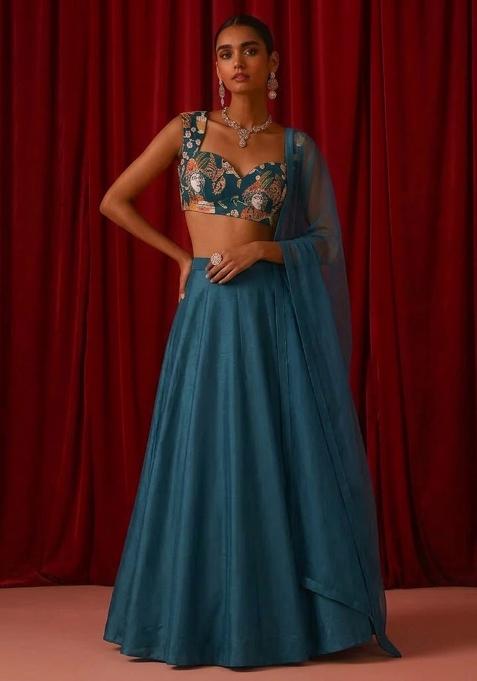 Deep Teal Blue Printed Crepe Lehenga Set