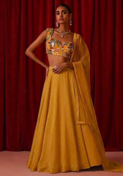 Mustard Yellow Printed Crepe Lehenga Set