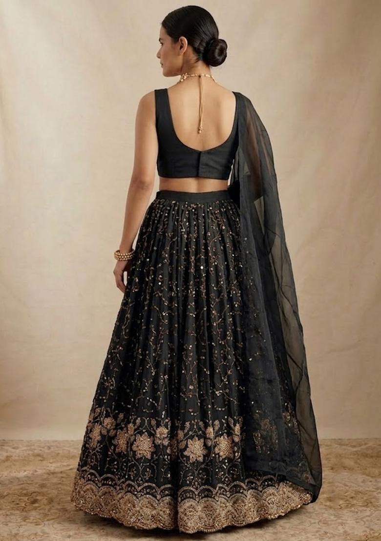 Charcoal Black Zari Tissue Lehenga Set - Indya