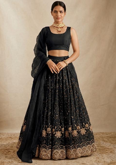Charcoal Black Zari Tissue Lehenga Set