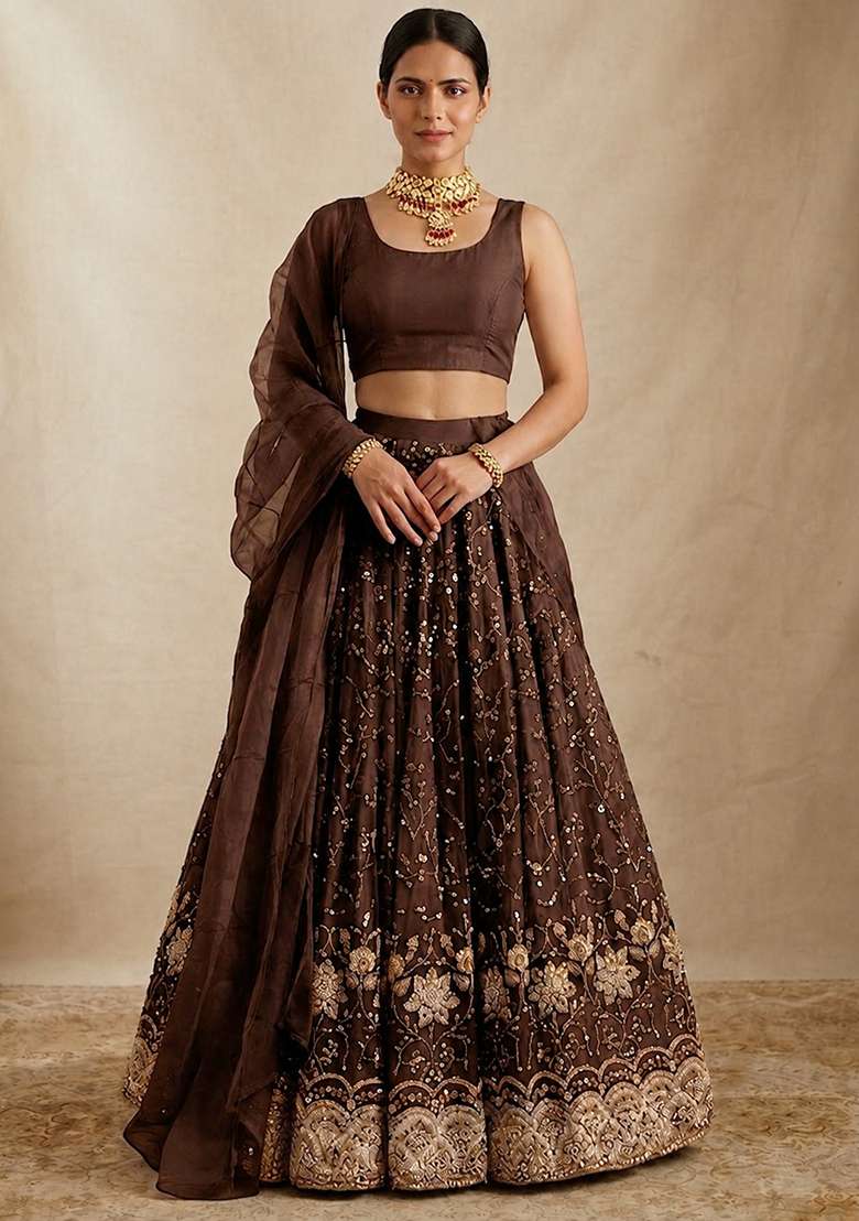 Chocolate Brown Zari Tissue Lehenga Set - Indya