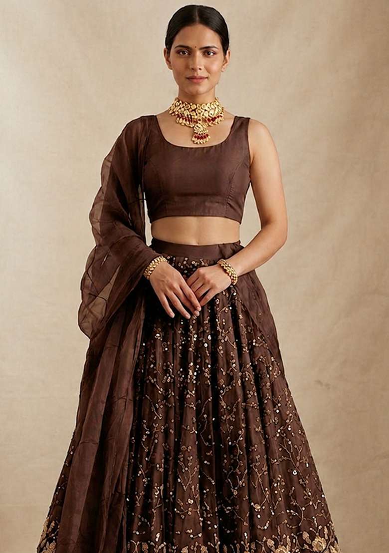 Chocolate Brown Zari Tissue Lehenga Set - Indya
