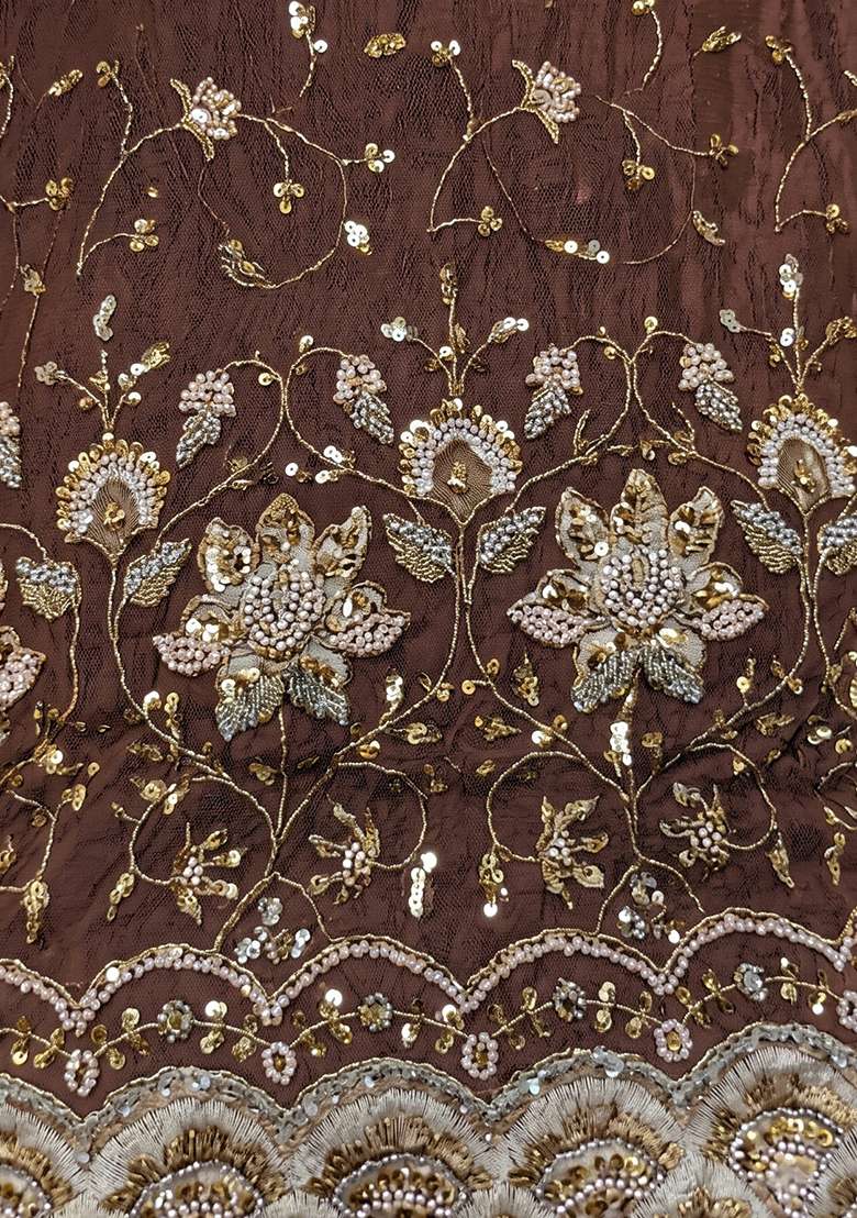 Chocolate Brown Zari Tissue Lehenga Set - Indya