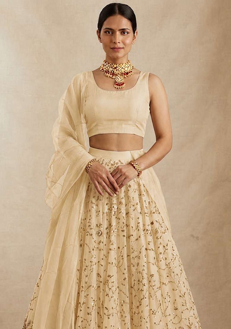 Gold Zari Tissue Lehenga Set - Indya