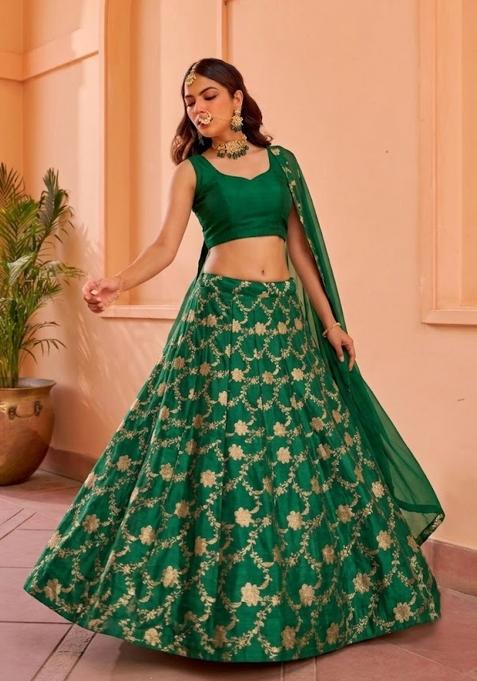 Emerald Green Zari Silk Blend Lehenga Set