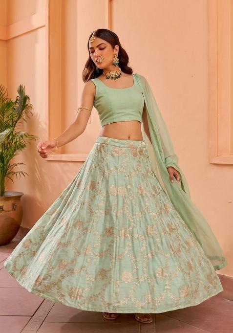 Mint Green Zari Silk Blend Lehenga Set