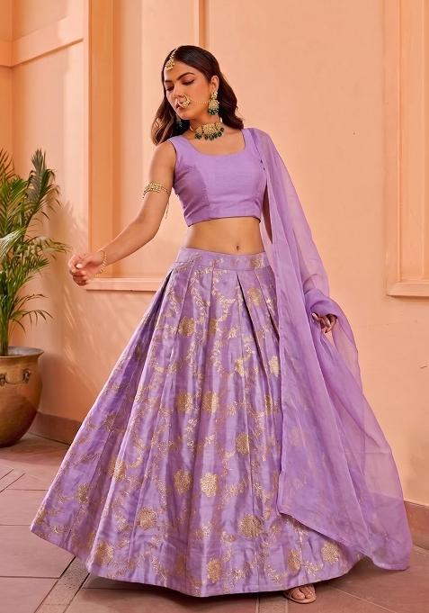 Light Purple Zari Silk Blend Lehenga Set