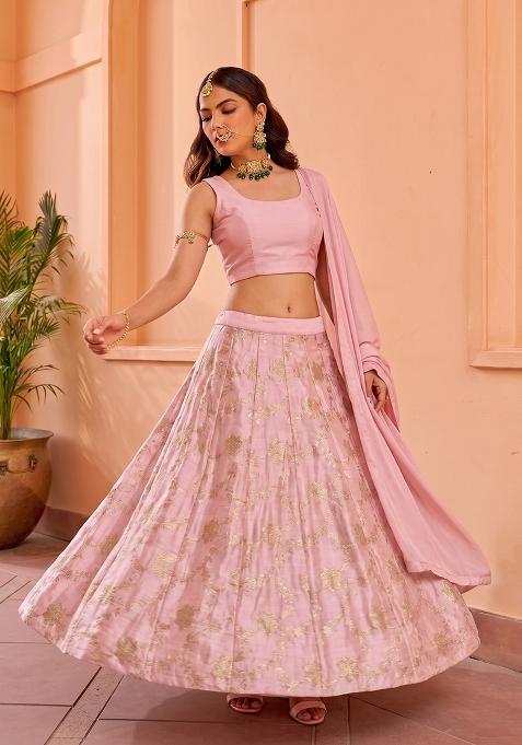 Baby Pink Zari Chinon Lehenga Set