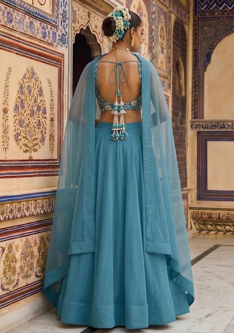 Teal Blue Sequin Georgette Lehenga Set - Indya