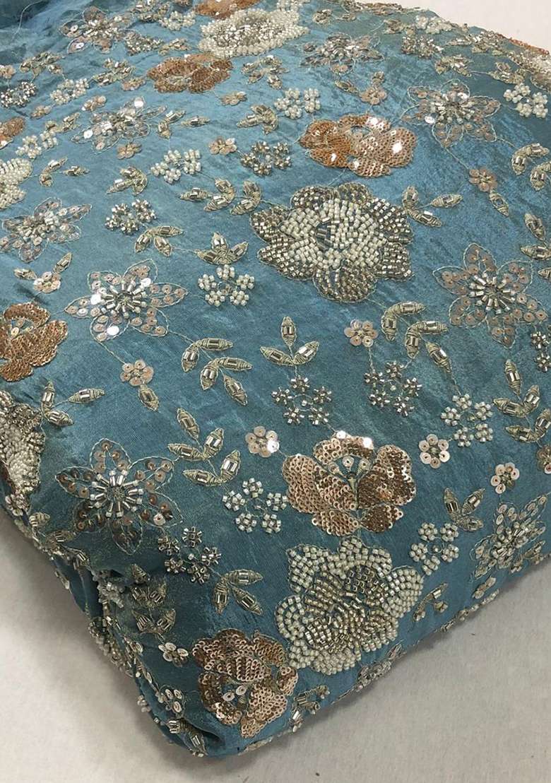 Teal Blue Sequin Georgette Lehenga Set - Indya