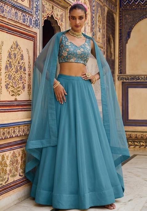 Teal Blue Sequin Georgette Lehenga Set