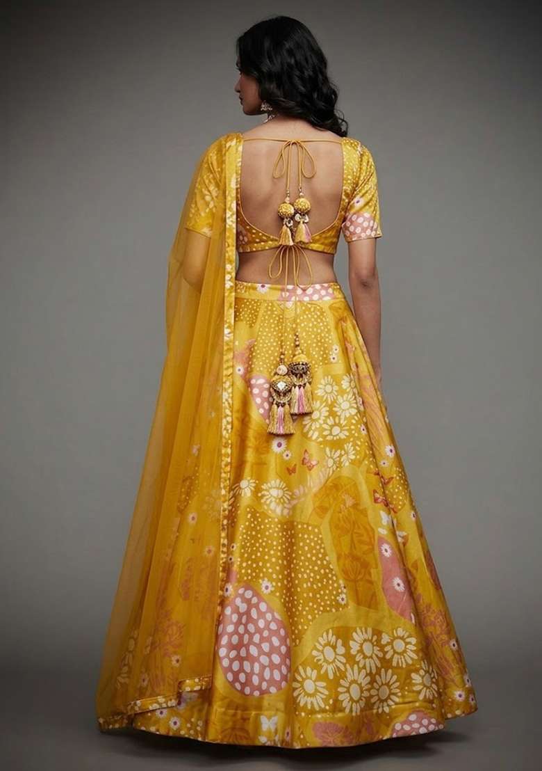 Mustard Yellow Printed Satin Lehenga Set - Indya