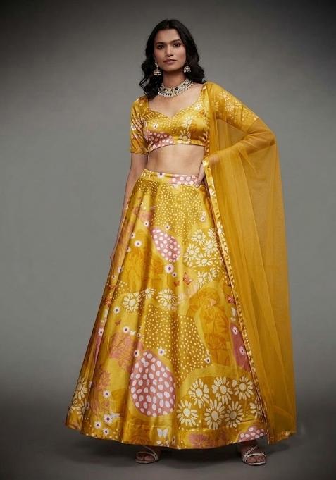 Mustard Yellow Printed Satin Lehenga Set