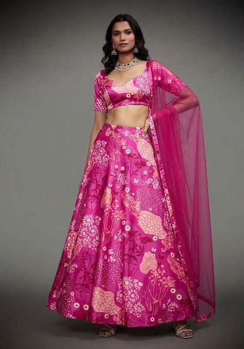 Magenta Pink Printed Satin Lehenga Set