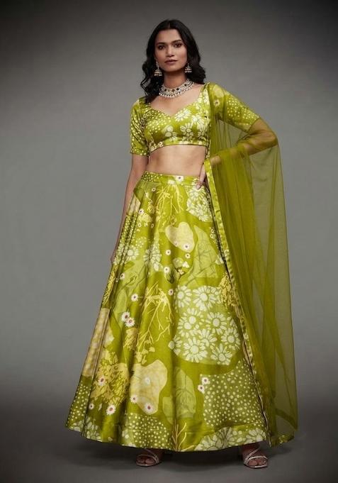 Olive Printed Satin Lehenga Set