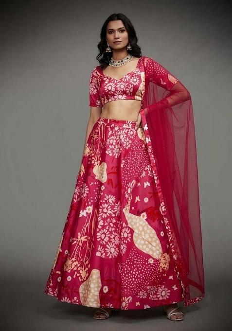 Magenta Pink Printed Satin Lehenga Set
