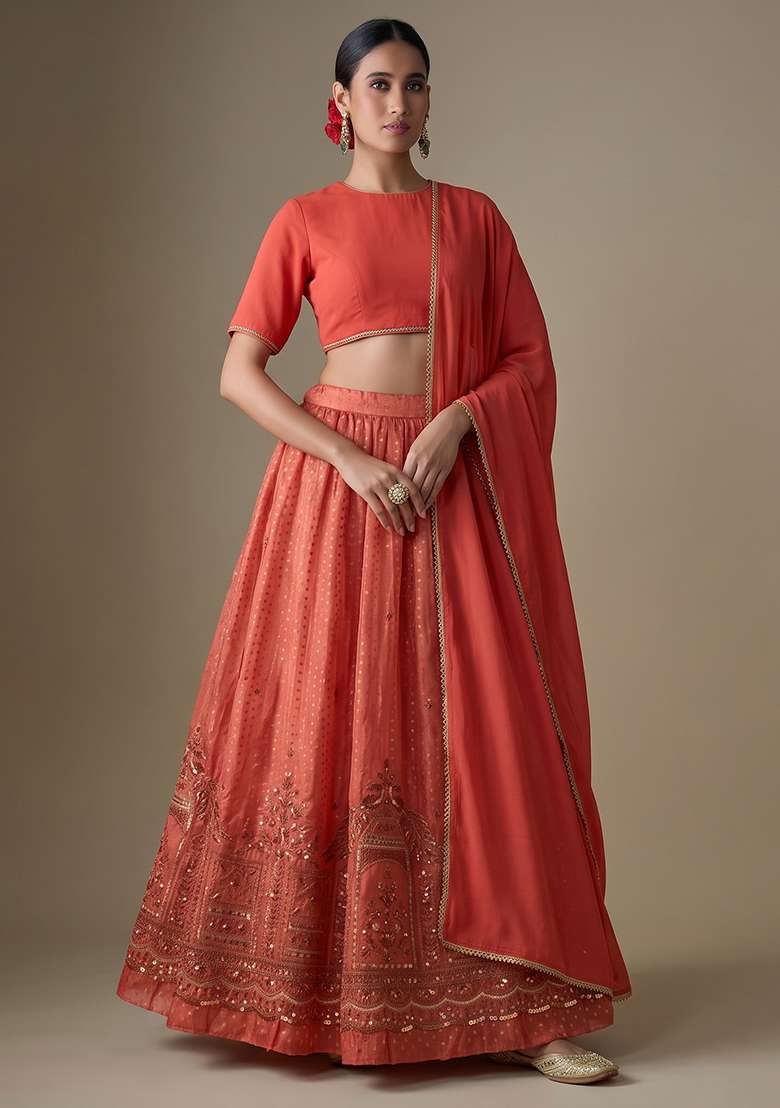 Burnt Orange Embroidered Tissue Lehenga Set - Indya