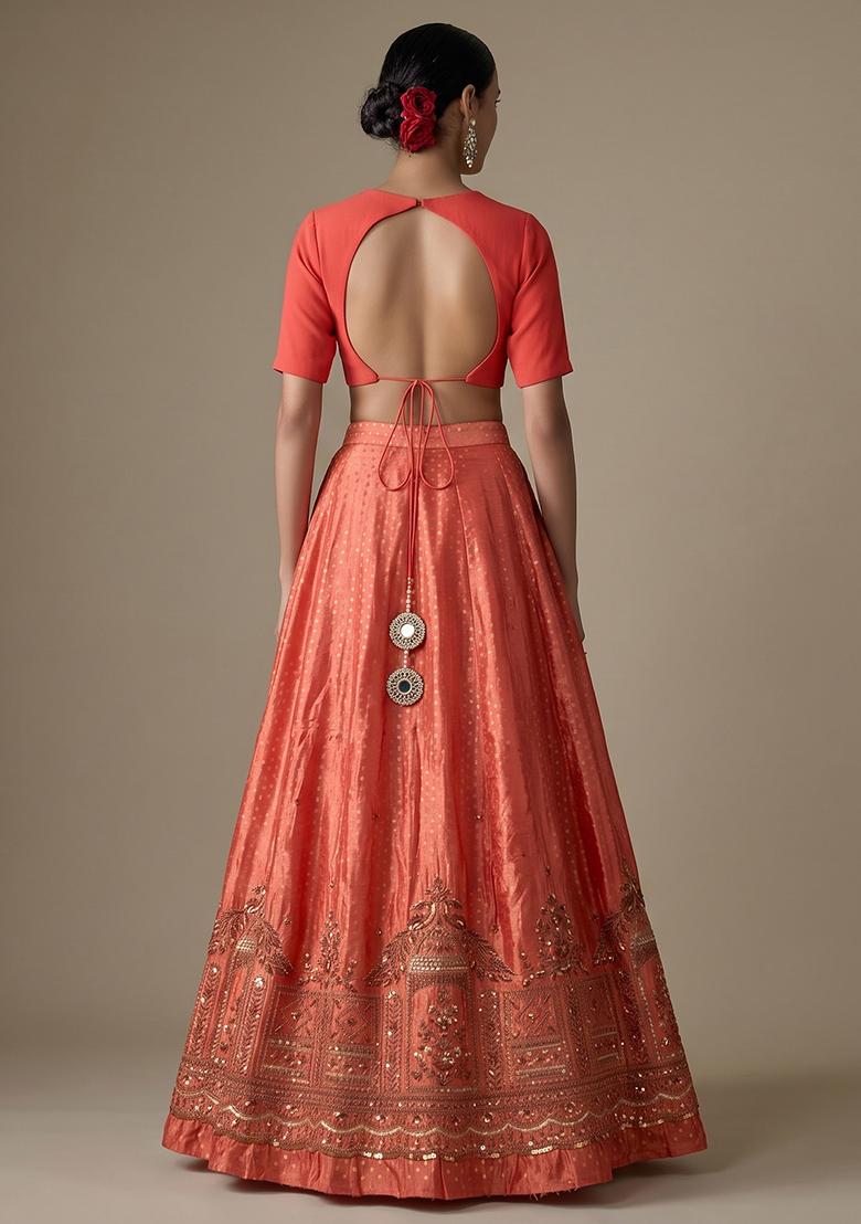 Burnt Orange Embroidered Tissue Lehenga Set - Indya