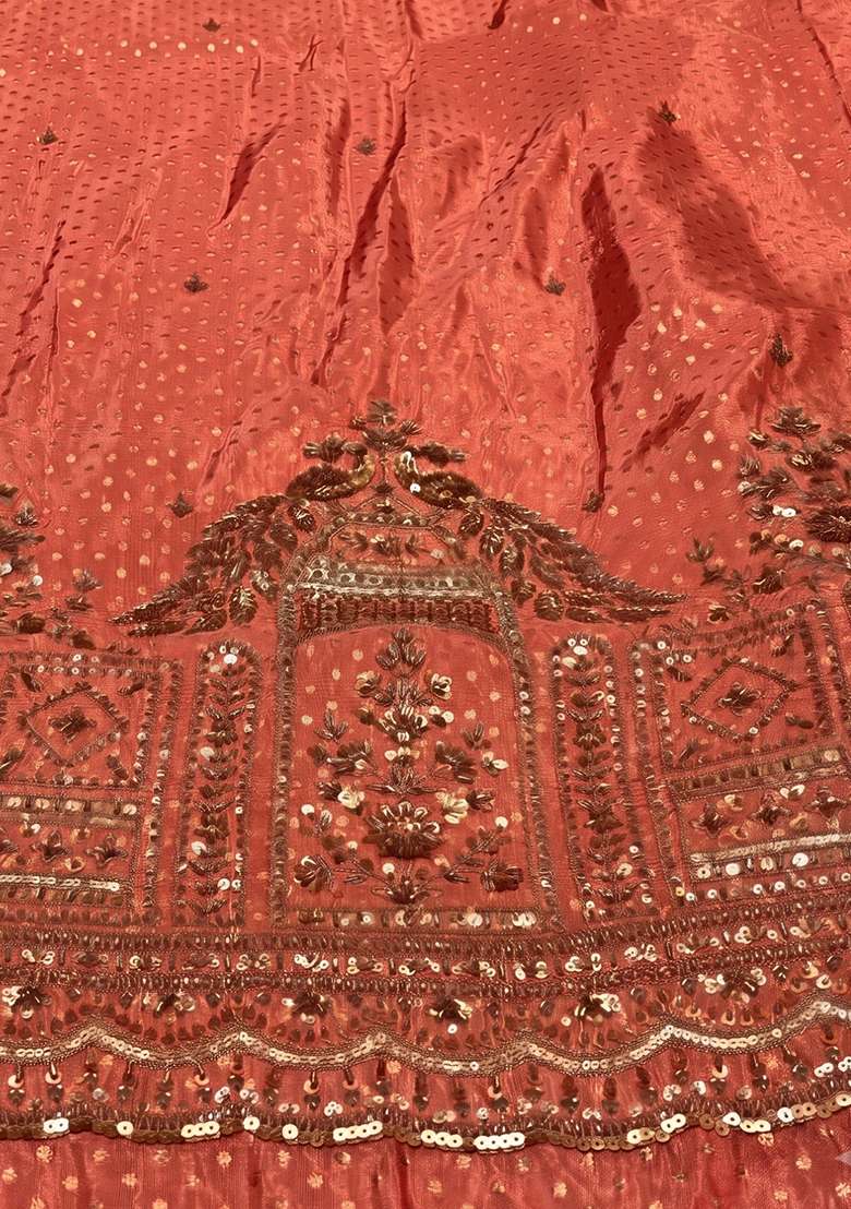 Burnt Orange Embroidered Tissue Lehenga Set - Indya