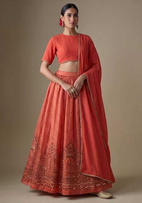 Burnt Orange Embroidered Tissue Lehenga Set