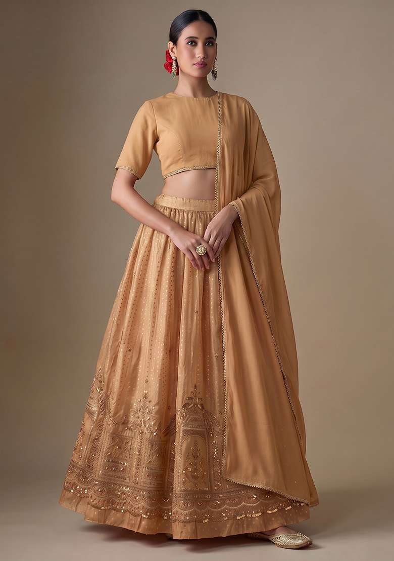 Gold Embroidered Tissue Lehenga Set - Indya