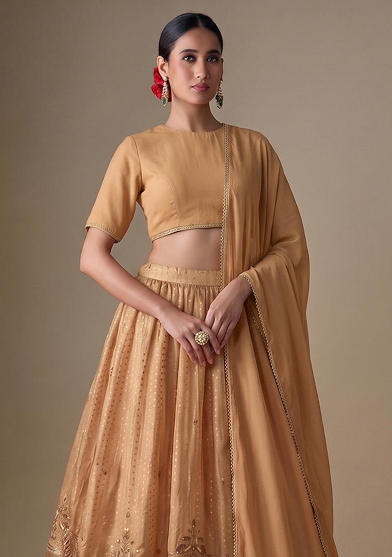 Gold Embroidered Tissue Lehenga Set - Indya