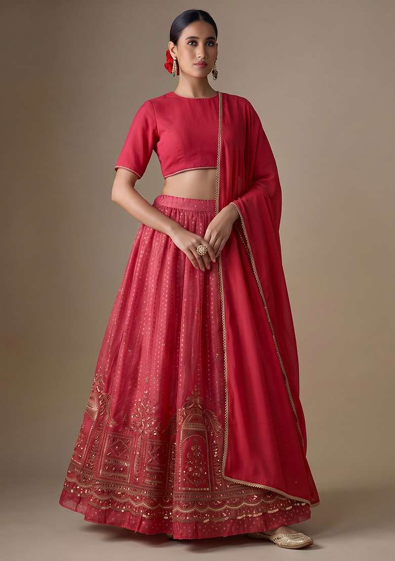 Magenta Pink Embroidered Tissue Lehenga Set - Indya