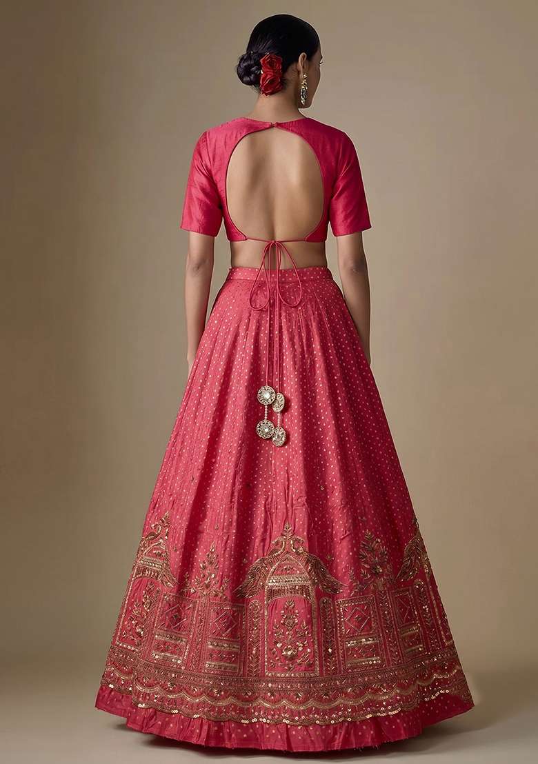 Magenta Pink Embroidered Tissue Lehenga Set - Indya