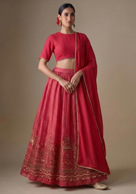 Magenta Pink Embroidered Tissue Lehenga Set