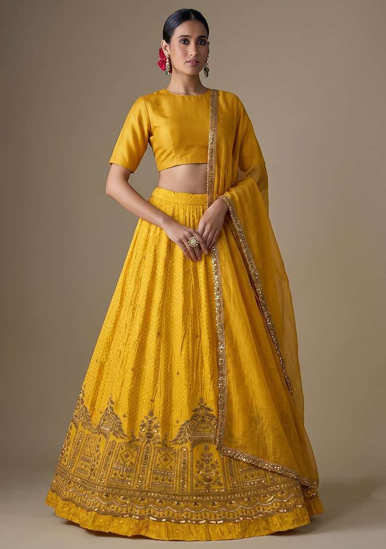Mustard Yellow Embroidered Tissue Lehenga Set - Indya