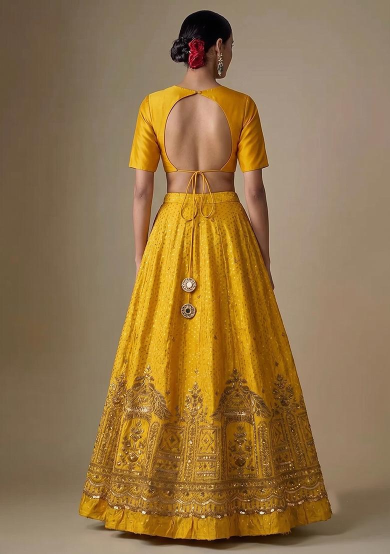 Mustard Yellow Embroidered Tissue Lehenga Set - Indya