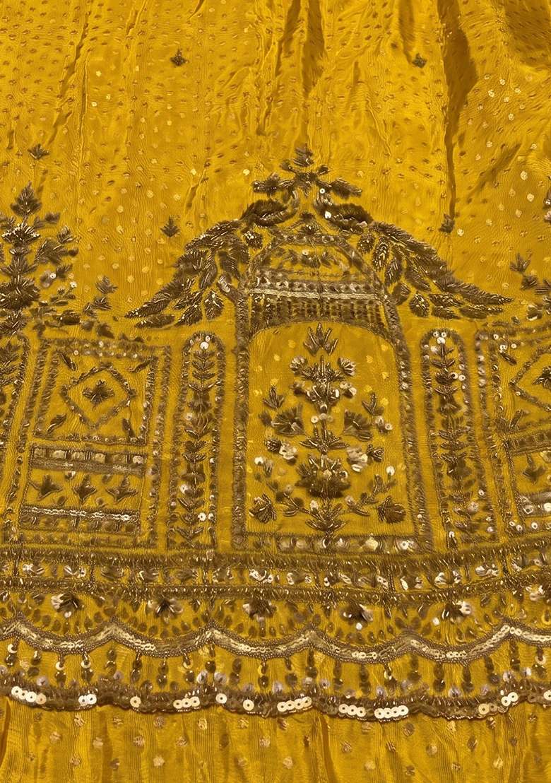 Mustard Yellow Embroidered Tissue Lehenga Set - Indya