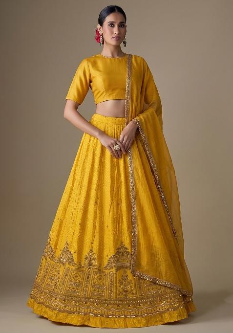 Mustard Yellow Embroidered Tissue Lehenga Set