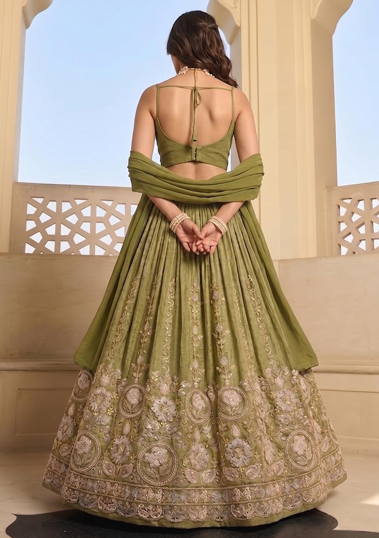 Olive Zari Tissue Lehenga Set - Indya