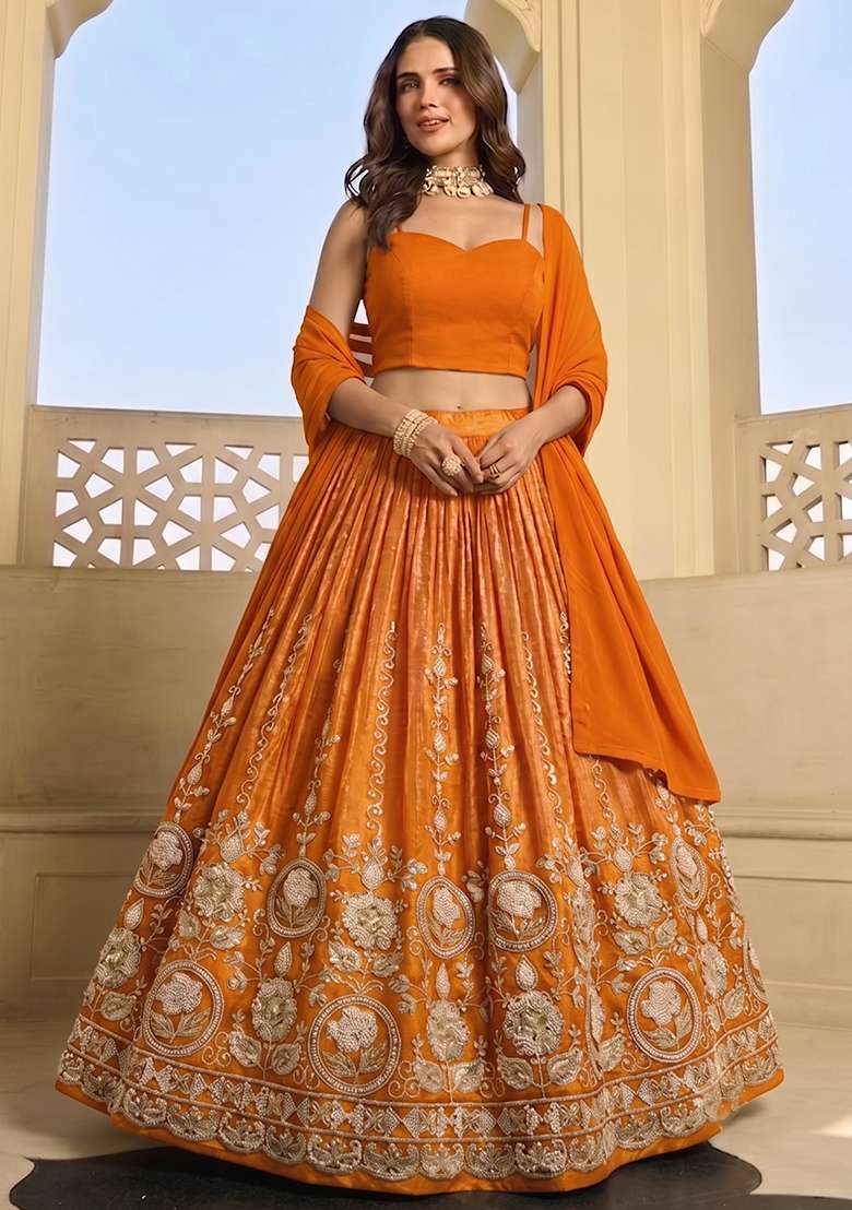 Amber Orange Zari Tissue Lehenga Set - Indya