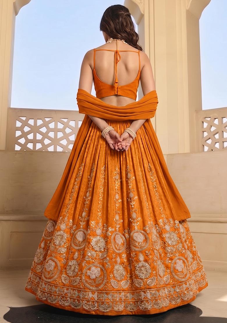 Amber Orange Zari Tissue Lehenga Set - Indya