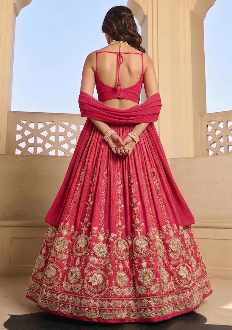 Dull Red Zari Tissue Lehenga Set - Indya