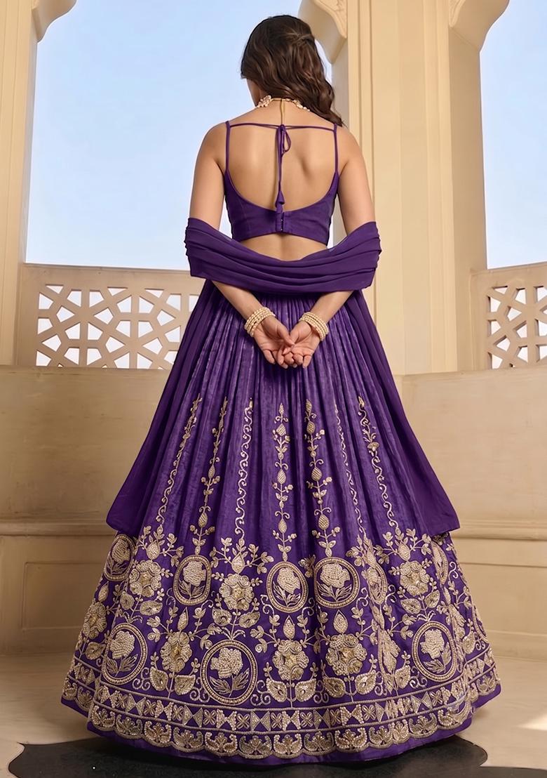 Deep Purple Zari Tissue Lehenga Set - Indya