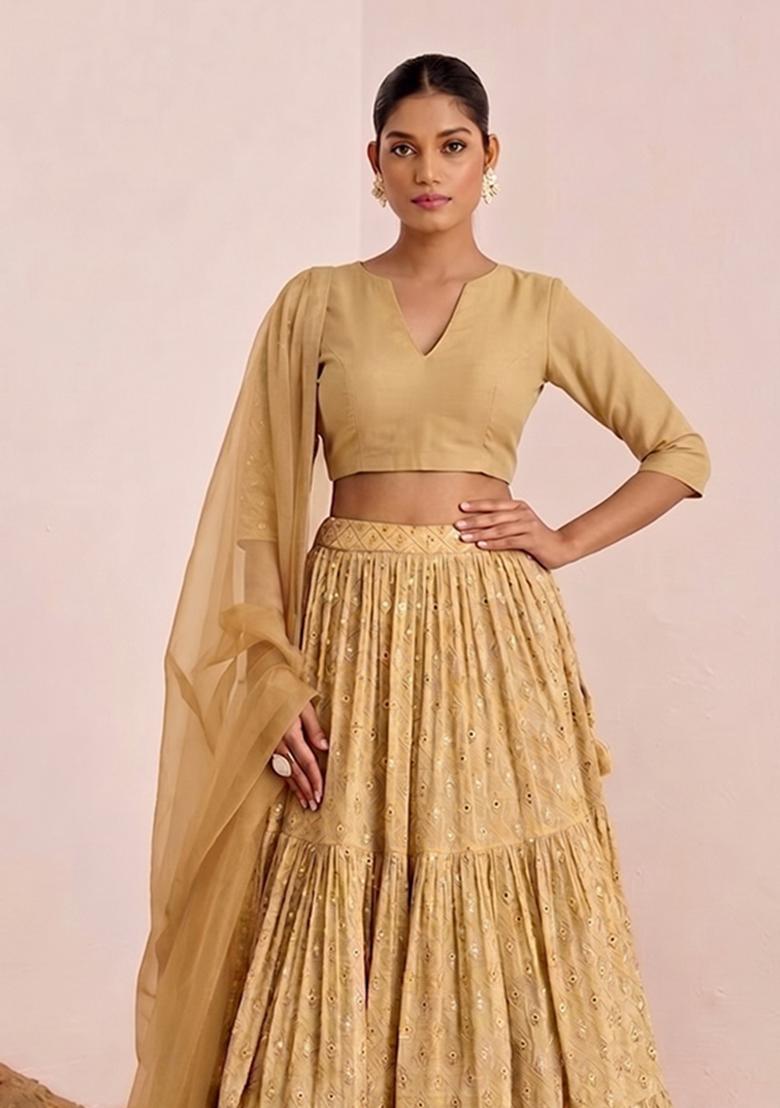 Antique Gold Sequin Georgette Lehenga Set - Indya