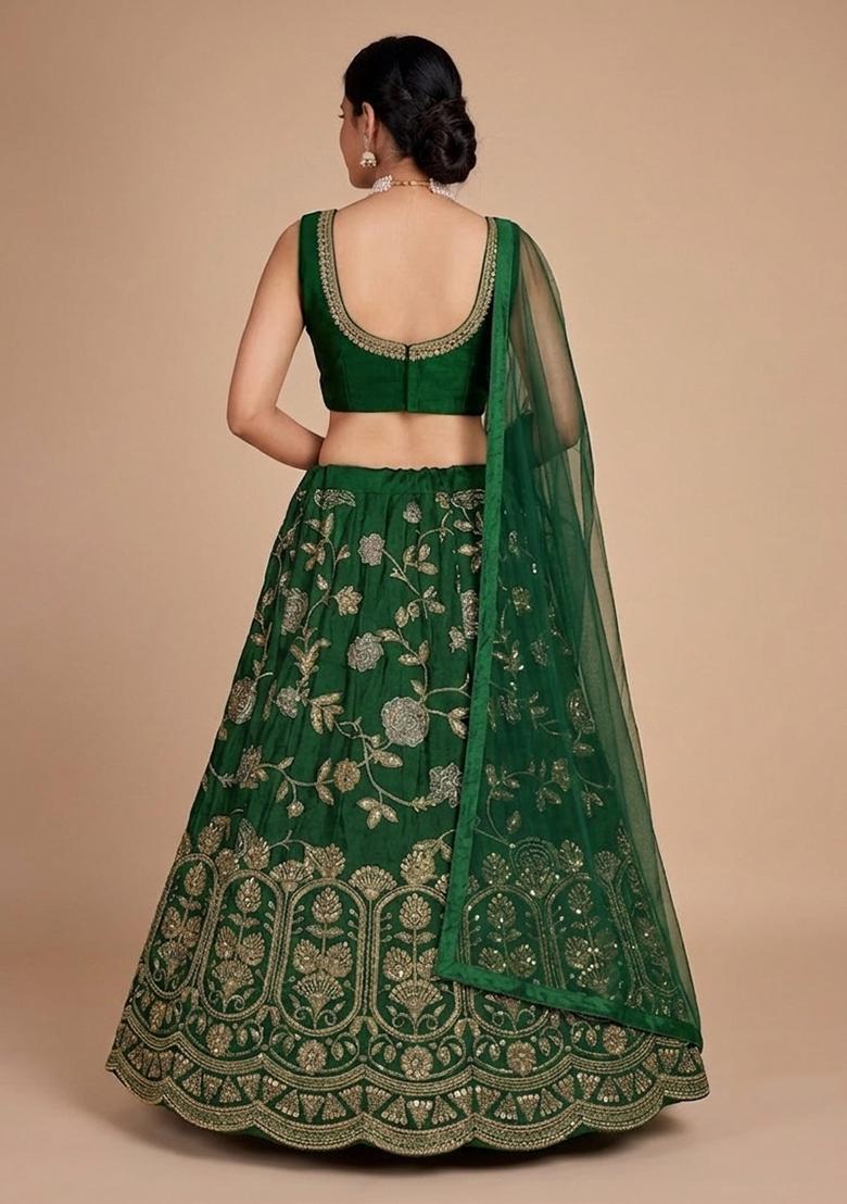 Emerald Green Embroidered Silk Blend Lehenga Set - Indya