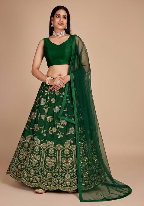 Emerald Green Embroidered Silk Blend Lehenga Set