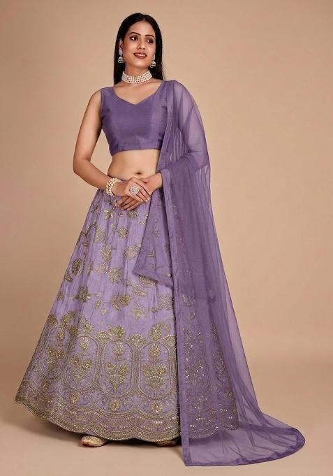 Light Purple Embroidered Silk Blend Lehenga Set