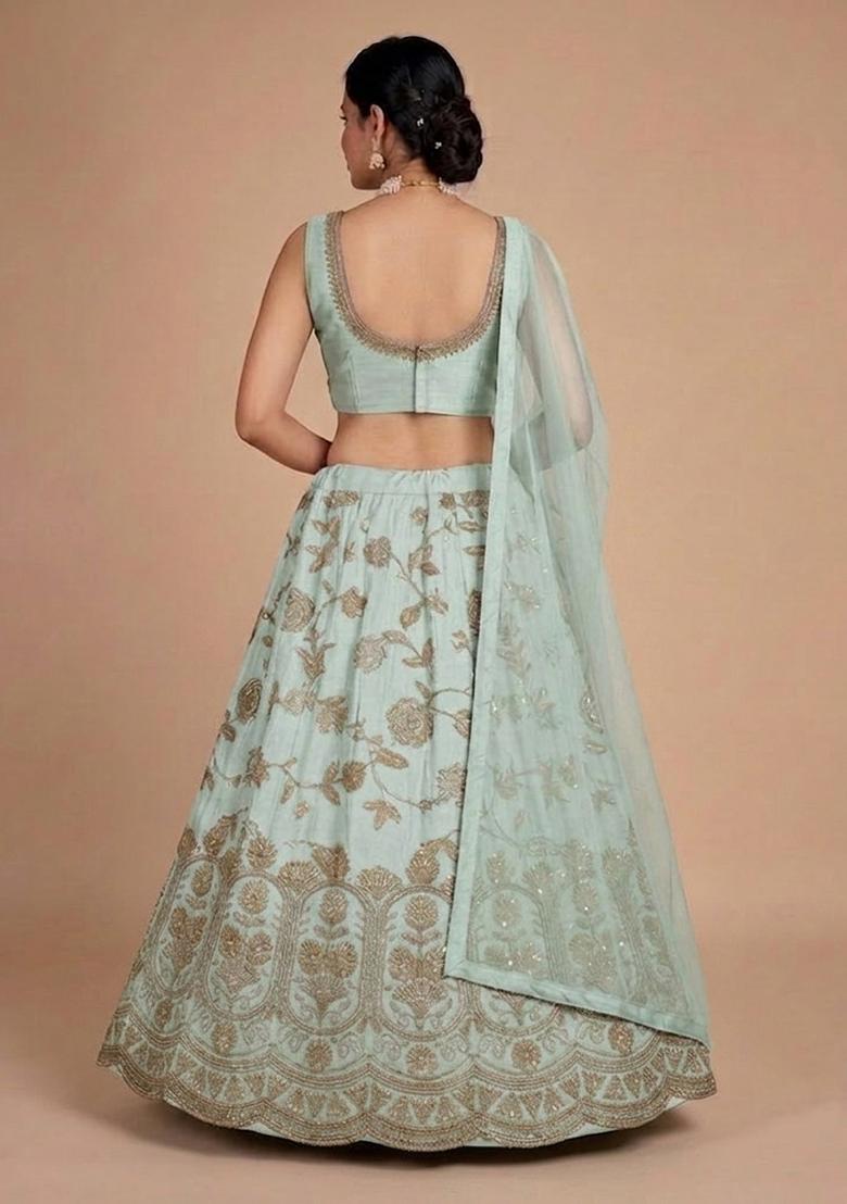 Sage Green Embroidered Silk Blend Lehenga Set - Indya