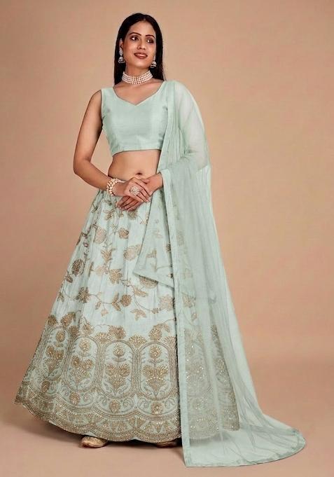 Sage Green Embroidered Silk Blend Lehenga Set