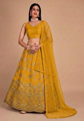 Mustard Yellow Embroidered Silk Blend Lehenga Set