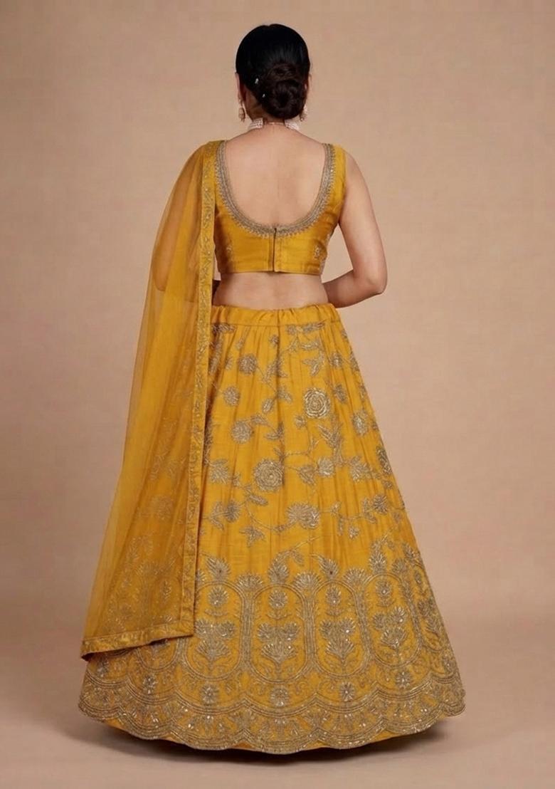 Mustard Yellow Embroidered Silk Blend Lehenga Set - Indya
